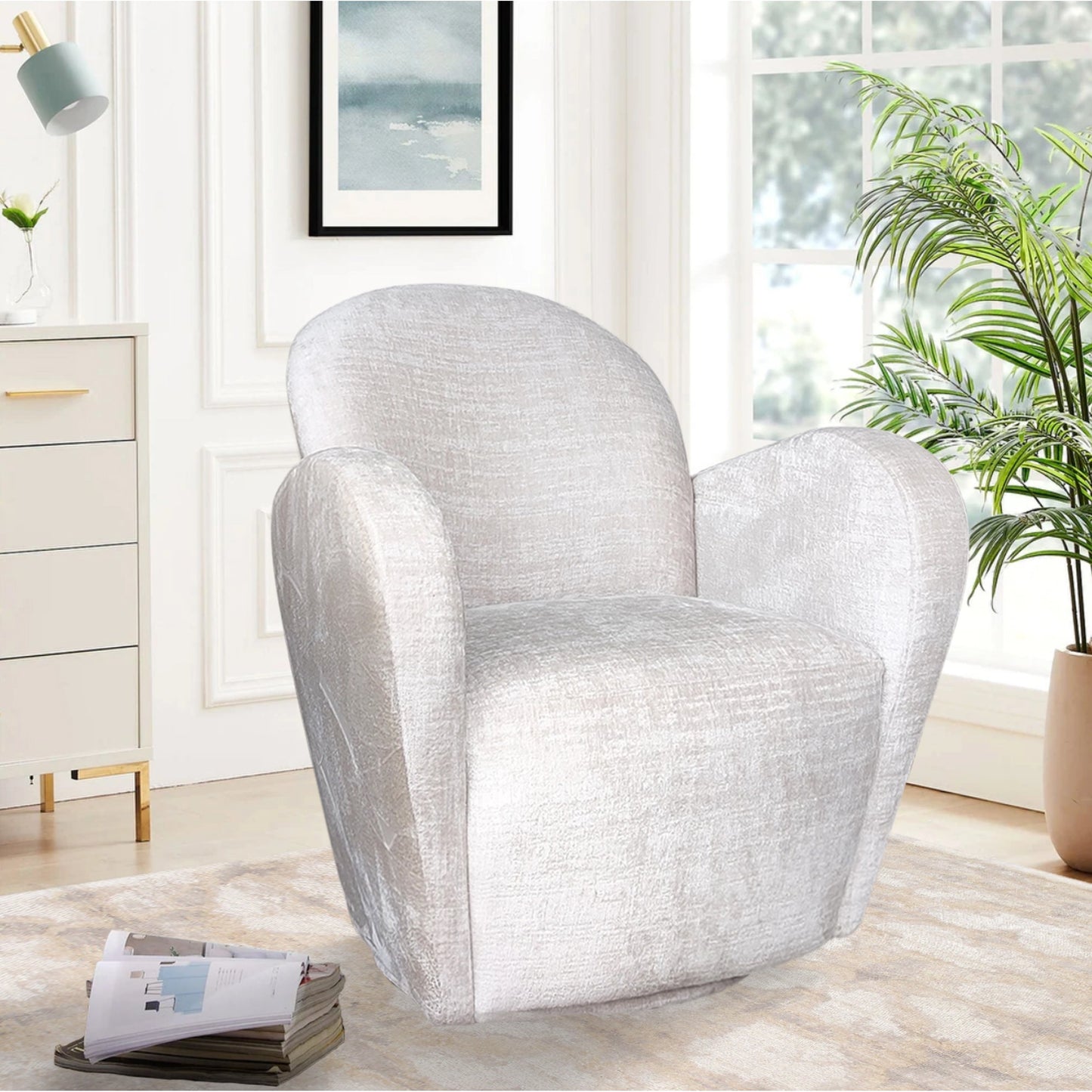 005 SI-1990607 | Lifestyle | Maxim Swivel Armchair by Pasargad Home in ivory. Made from polyester fabric in a modern style.