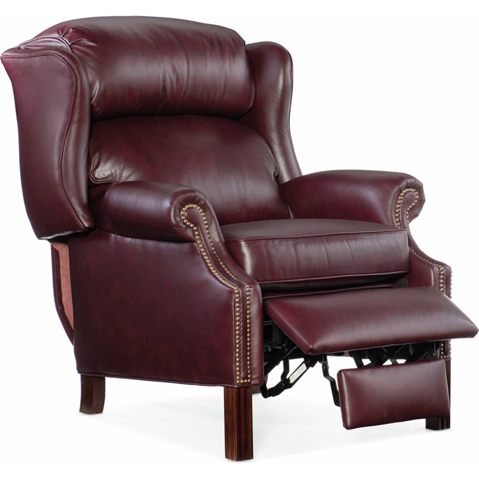 Chippendale Reclining Wing Chair by Bradington-Young by Hooker Furniture in mahogany finish, french natural nails. Made from 100% leather in a unique style.