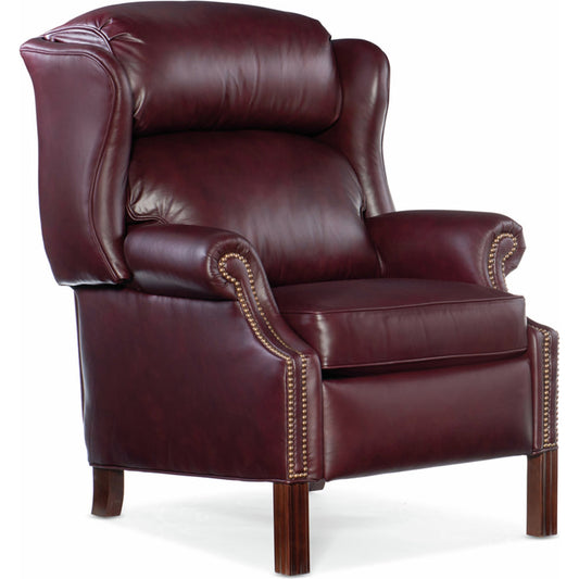 Chippendale Reclining Wing Chair by Bradington-Young by Hooker Furniture in mahogany finish, french natural nails. Made from 100% leather in a unique style.