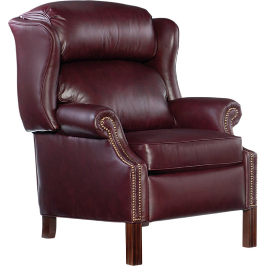 Chippendale Reclining Wing Chair by Hooker Furniture in mahogany finish, french natural nails. Made from 100% leather in a traditional style.
