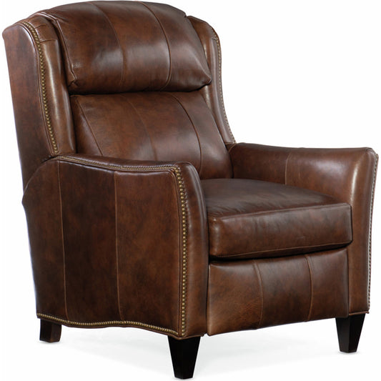 001 None | Unknown | Lancaster Recliner by Bradington-Young by Hooker Furniture in brown and plantation finish, natural brass nails. Made from 100% leather in a unique style.