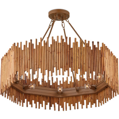 Teahouse Chandelier by Currey and Company in natural, khaki. Made from rattan, wrought iron in a modern style.