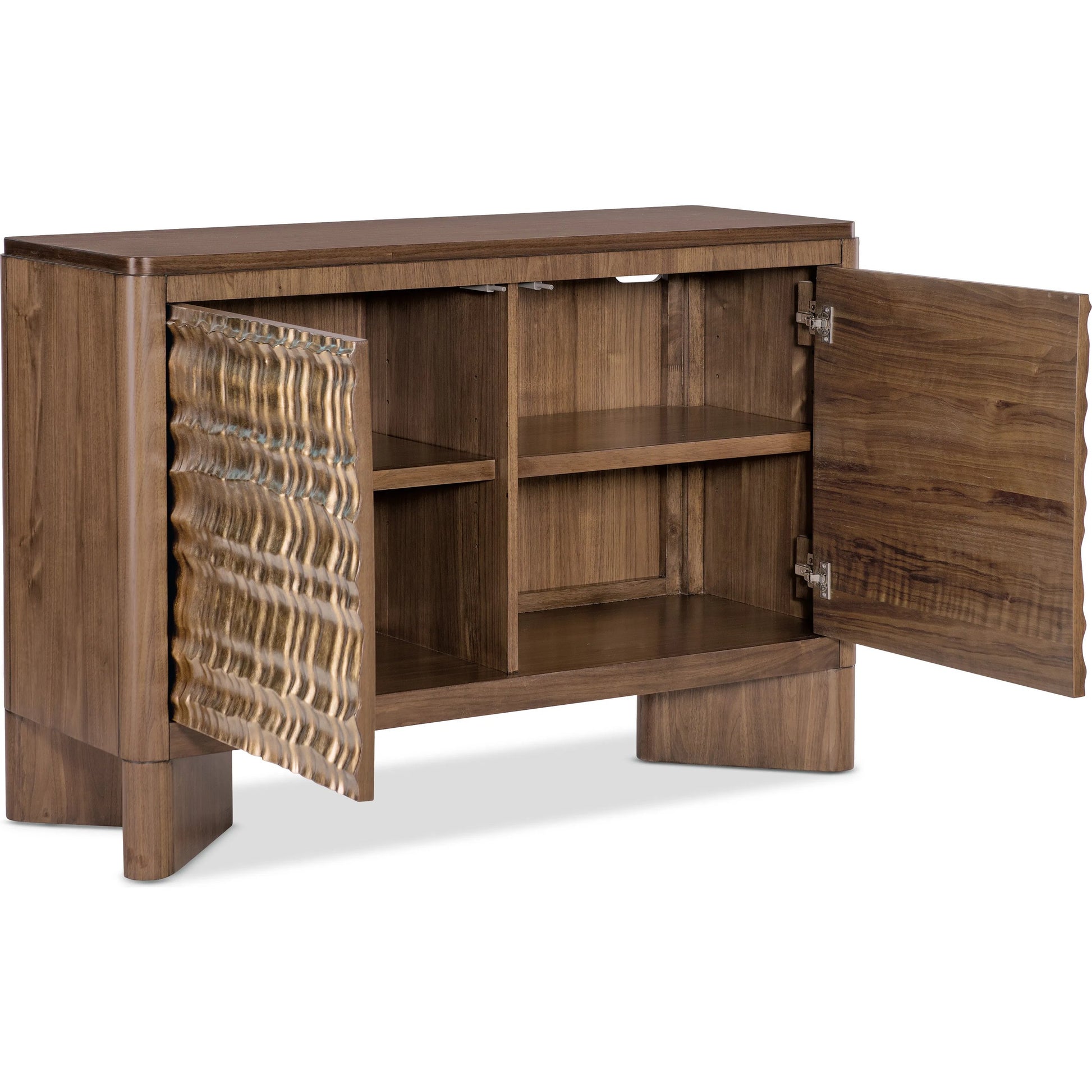 Eleana Two Door Chest by Hooker Furniture in light caramel, quartered walnut veneers, sunlit bronze metal. Made from walnut veneers, resin in a modern style.