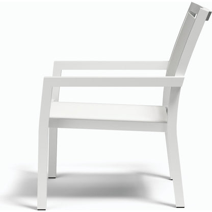 Naples Outdoor Stackable Sling Club Chair by Sunset West in white. Made from aluminum in a modern style.