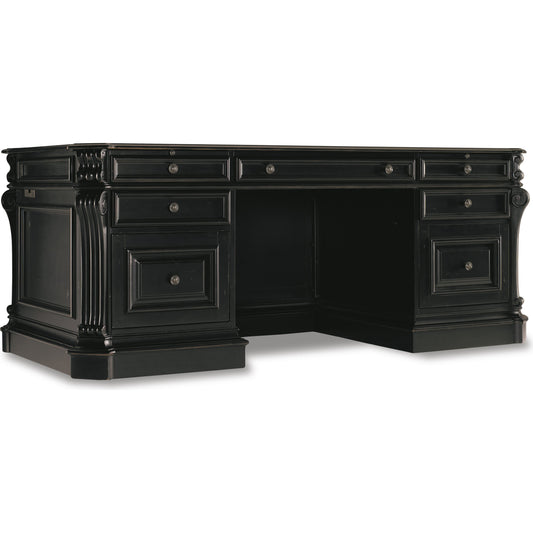 Telluride Executive Desk by Hooker Furniture in black. Made from cherry veneers with carved leather, nailhead trim, high quality bonded leather in a unique style.