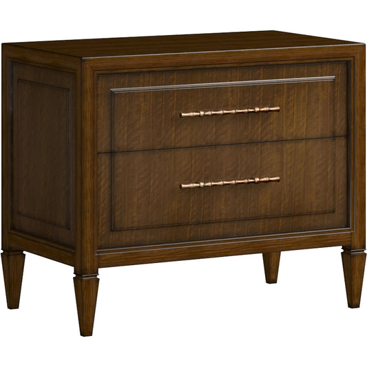 Eave 2 Drawer Nightstand by A.R.T. Furniture in hazelnut. Made from poplar, parawood solids, walnut veneer in a unique style.