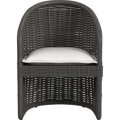 Cabo Outdoor Dining Chair by Sunset West in dark wood. Made from resin wicker in a rustic style.