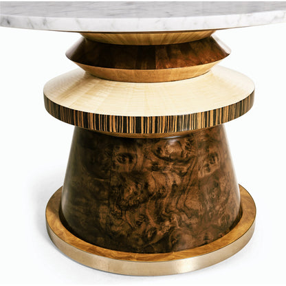 Rook Round Cocktail Table by Jonathan Charles in brown and mingle mangle, carrera marble. Made from marble, stainless steel, veneers: walnut burl, cerajeira, ebony, maple, chestnut, eucalyptus in a modern style.