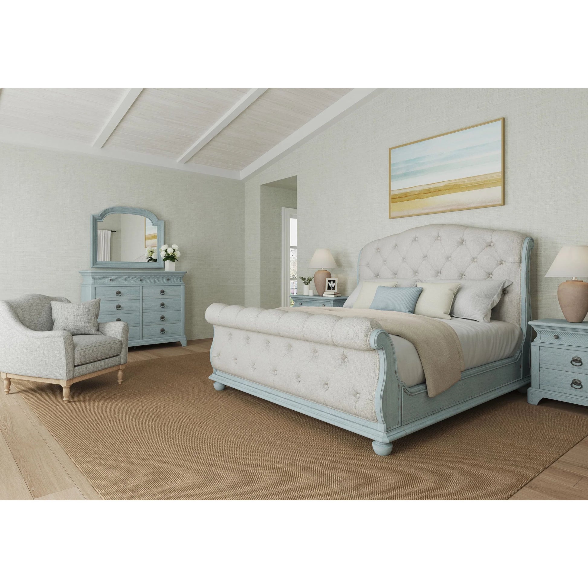 Summer Creek Sleigh Bed by A.R.T. Furniture in white and shutter blue. Made from unique in a traditional style.