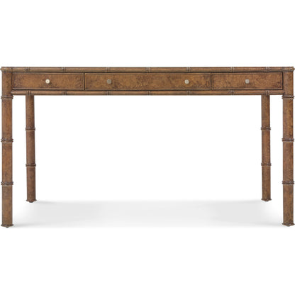Archives Writing Desk by Hooker Furniture in medium wood and mottled amber. Made from birch veneers, oak veneers, cane, ultra-white tempered glass in a traditional style.