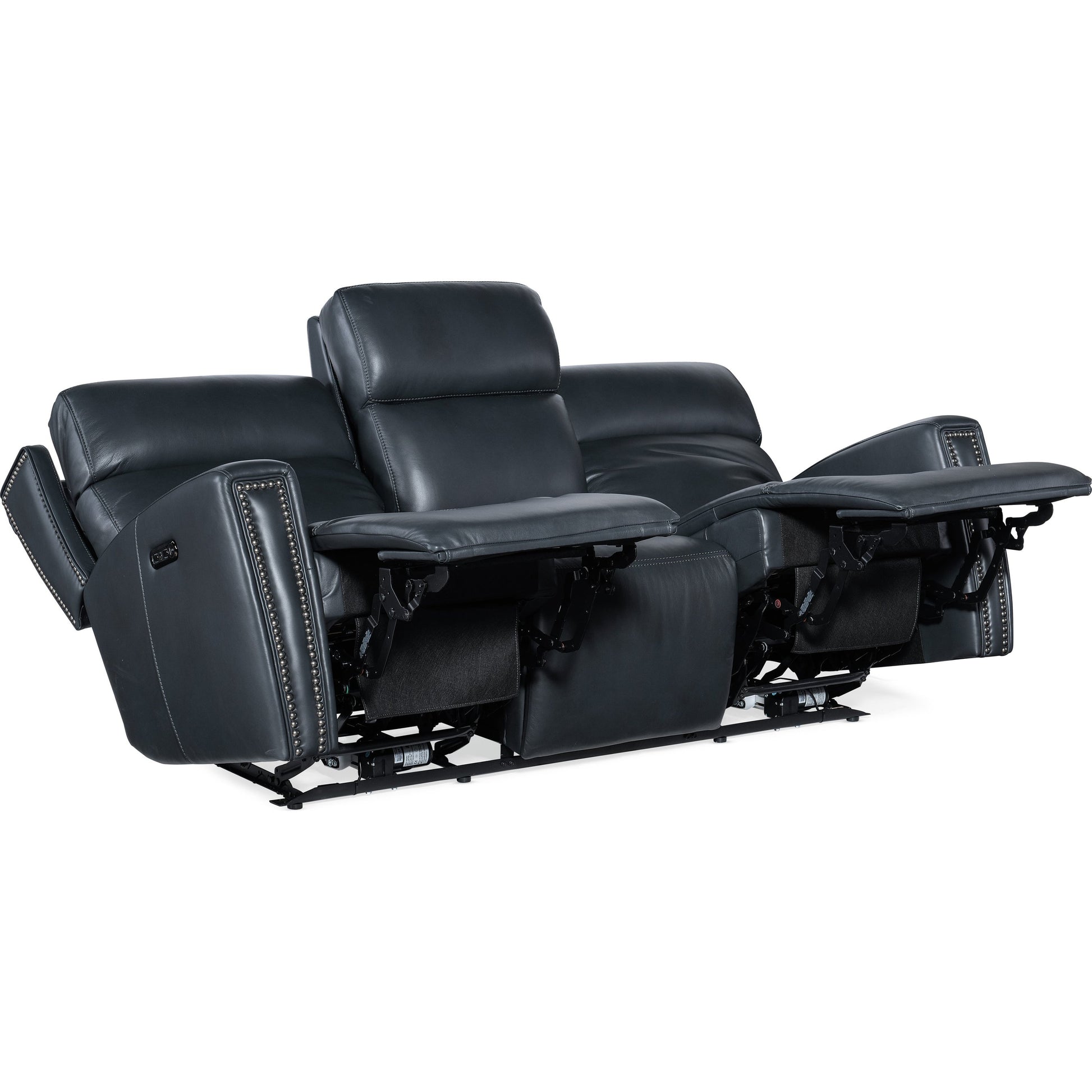 Ruthe Zerog Power Sofa by Hooker Furniture in salvo denim. Made from leather in a traditional style.