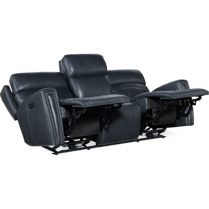 Ruthe Zerog Power Sofa by Hooker Furniture in salvo denim. Made from leather in a traditional style.