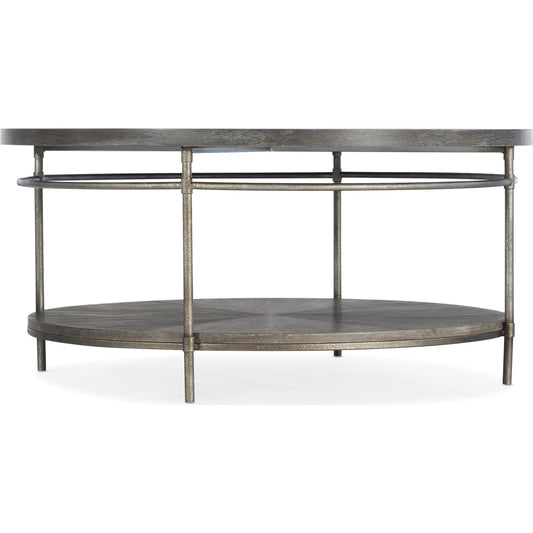 Round Cocktail Table by Hooker Furniture in medium natural acacia. Made from acacia veneers with metal tubing, metal sheet in a unique style.