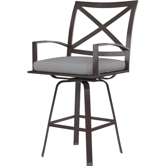 La Jolla Outdoor Swivel Barstool by Sunset West in browns. Made from aluminum in a modern style.