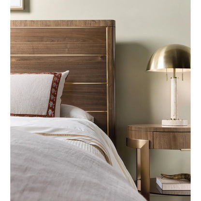Eleana Panel Bed by Hooker Furniture in light caramel, sunlit bronze metal. Made from walnut veneers in a modern style.