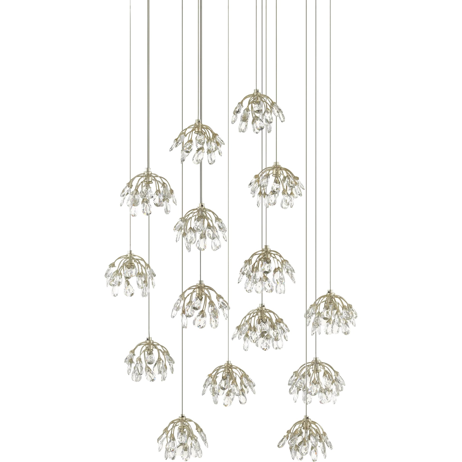 Crystal Bud Pendant by Currey and Company in painted silver, contemporary silver leaf. Made from crystal, wrought iron in a transitional style.