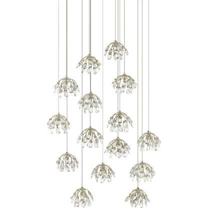 Crystal Bud Pendant by Currey and Company in painted silver, contemporary silver leaf. Made from crystal, wrought iron in a transitional style.