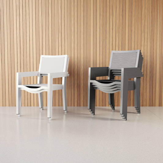 Vegas Outdoor Stackable Sling Dining Chair by Sunset West in graphite. Made from aluminum in a modern style.