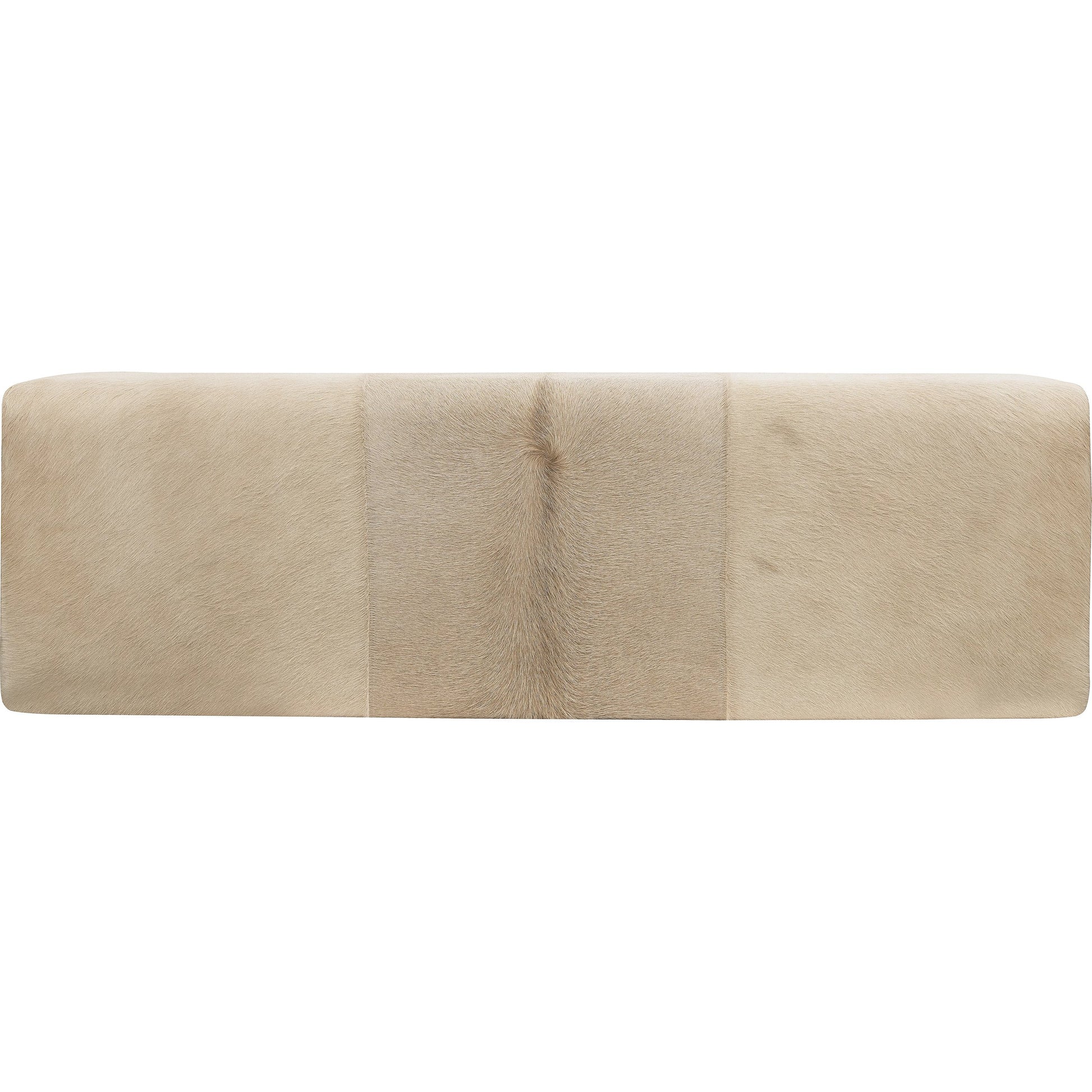 Melange Holy Cow Bench by Hooker Furniture in light wood oak, beige hair on hide leather. Made from solid oak wood, hair on hide leather, fabric, 82% polyester, 13% acrylic, 5% linen in a transitional style.