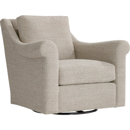 Keirnan Fabric Swivel Chair by Bernhardt in beige, tan. Made from polyfoam core, virgin polyester fibers, waterfowl feathers, waterfowl down in a transitional style.