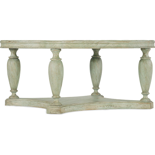Traditions Round Cocktail Table by Hooker Furniture in pistachio. Made from pine veneers, solid-wood edge top in a cottage & farmhouse style.
