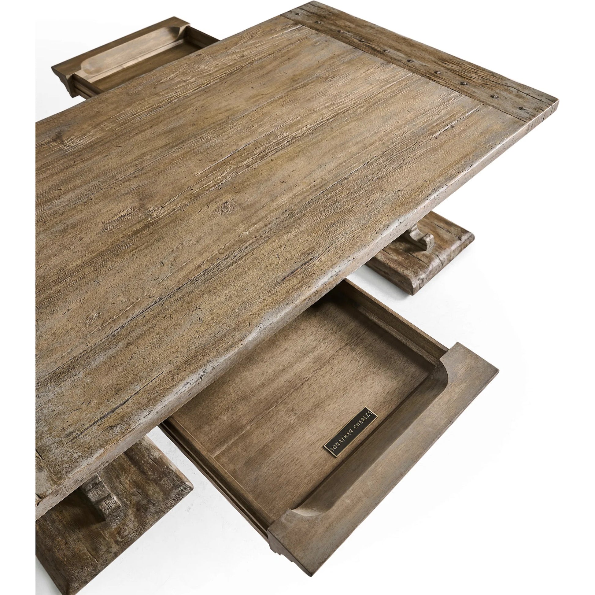 Caldera Pedestal-Base Cocktail Table by Jonathan Charles in light spain painted walnut. Made from main acacia veneer in a unique style.