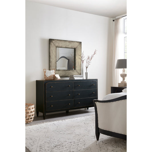 Ciao Bella Mirror by Hooker Furniture in distressed beige. Made from mirror, nailheads in a rustic style.