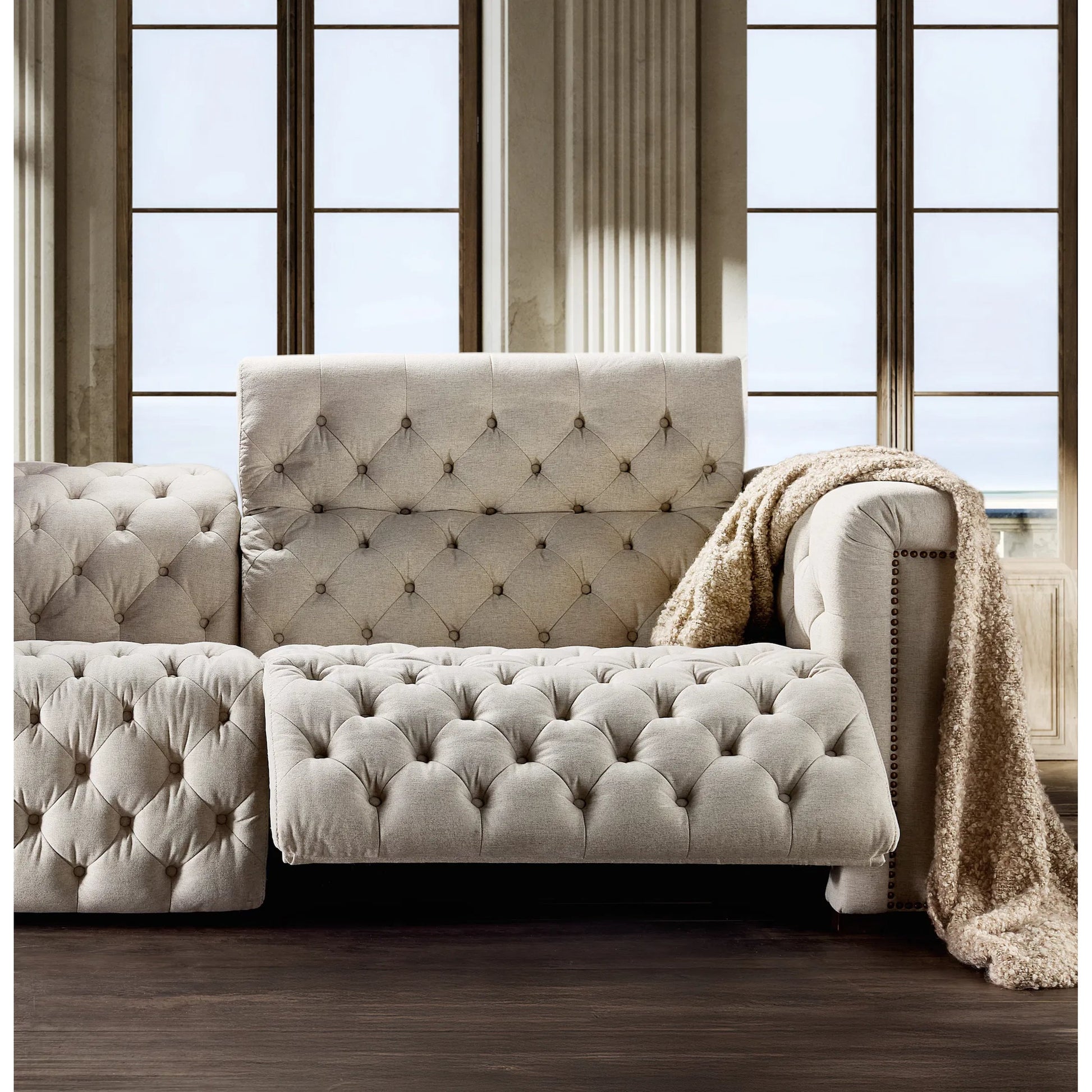 Savion Deux Sofa with Power Recliners and Power Headrests by Hooker Furniture in dark wood. Made from unique in a traditional style.