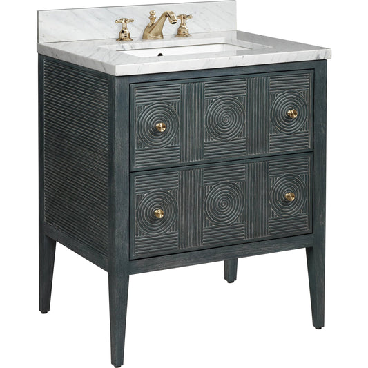 Santos 28" Vanity with Undermount Sink by Currey and Company. Made from rattan, mahogany, carrara marble, vitreous china, sungkai wood, brass in a unique style.