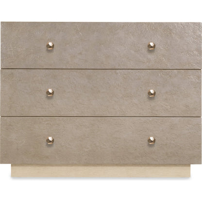 Westwood Bachelors Chest by Hooker Furniture in venetian dawn silver-leaf and polished limestone. Made from oak veneers in a modern style.