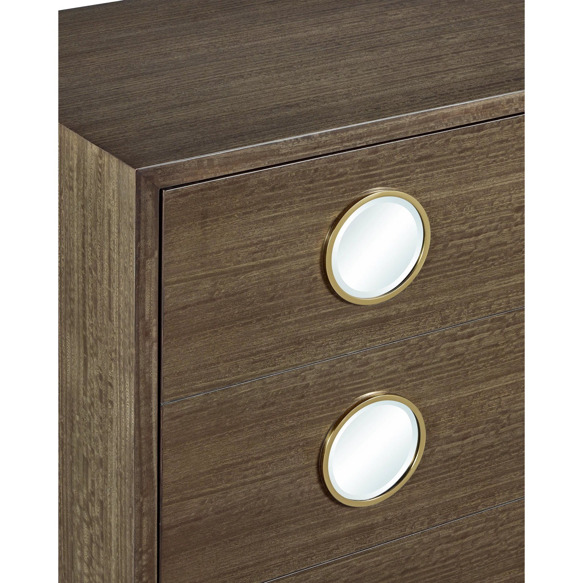 Colette Cabinet by Currey and Company in tawny brown, polished brass, mirror. Made from figured eucalyptus, stainless steel, glass in a modern style.