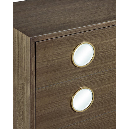Colette Cabinet by Currey and Company in tawny brown, polished brass, mirror. Made from figured eucalyptus, stainless steel, glass in a modern style.