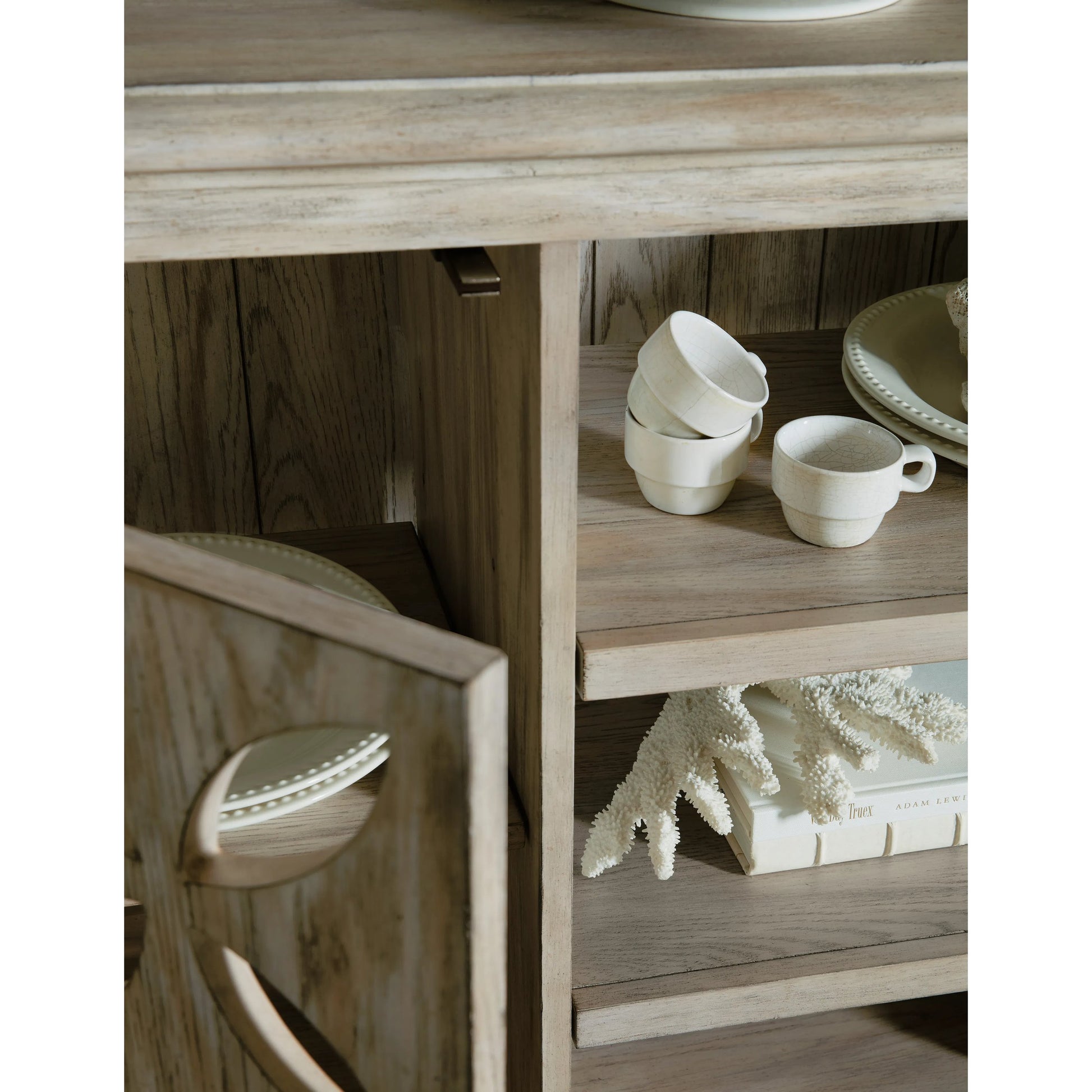 Commerce & Market Underhill Entertainment Console by Hooker Furniture in light wood and light gray finish. Made from oak veneers in a modern style.