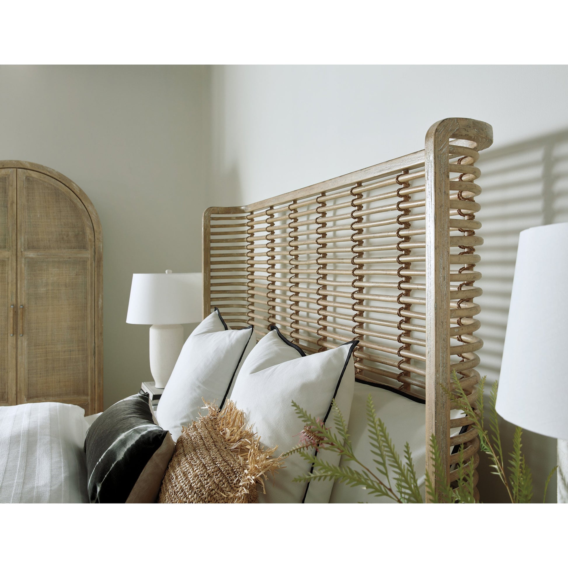 Surfrider Rattan Bed by Hooker Furniture in driftwood. Made from pecan veneers, rope in a coastal style.