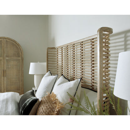 Surfrider Rattan Bed by Hooker Furniture in driftwood. Made from pecan veneers, rope in a coastal style.
