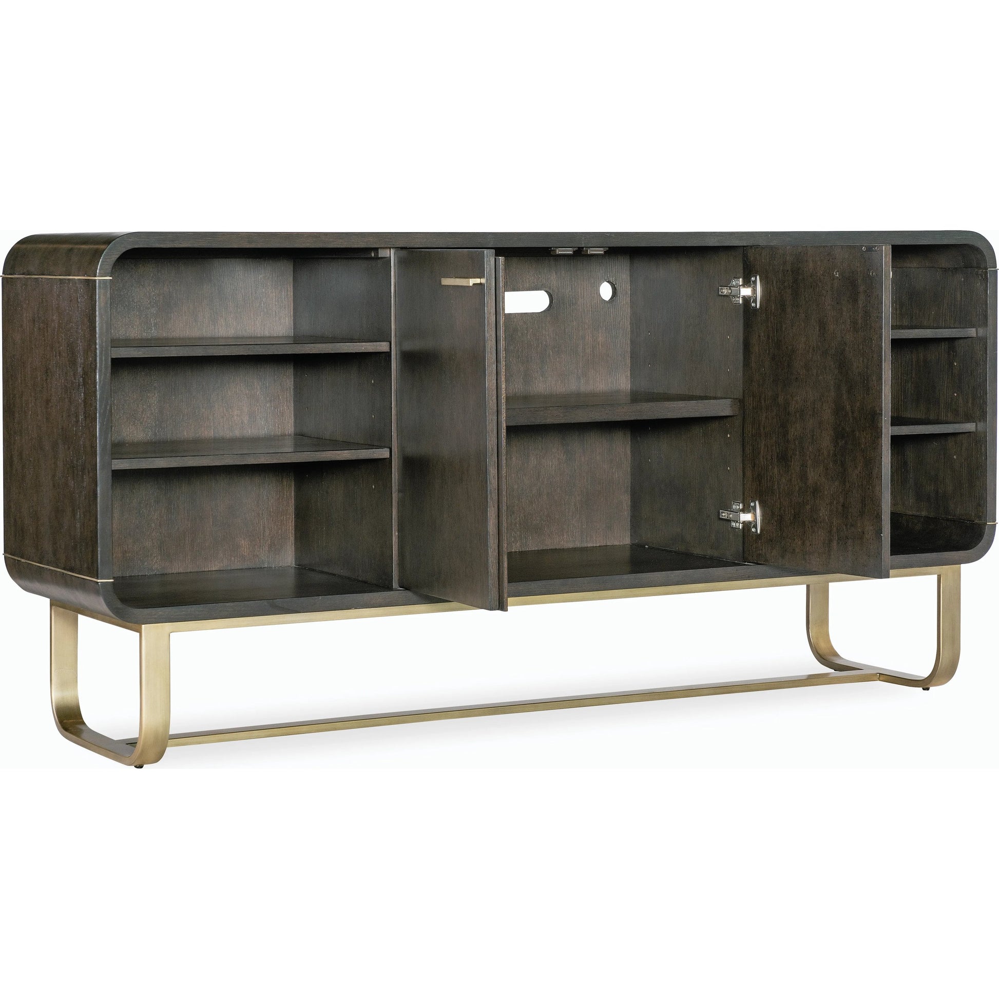 Commerce & Market Metropolitan Credenza by Hooker Furniture in dark wood and dark wood finish. Made from oak veneers, metal tube and sheet metal in a modern style.