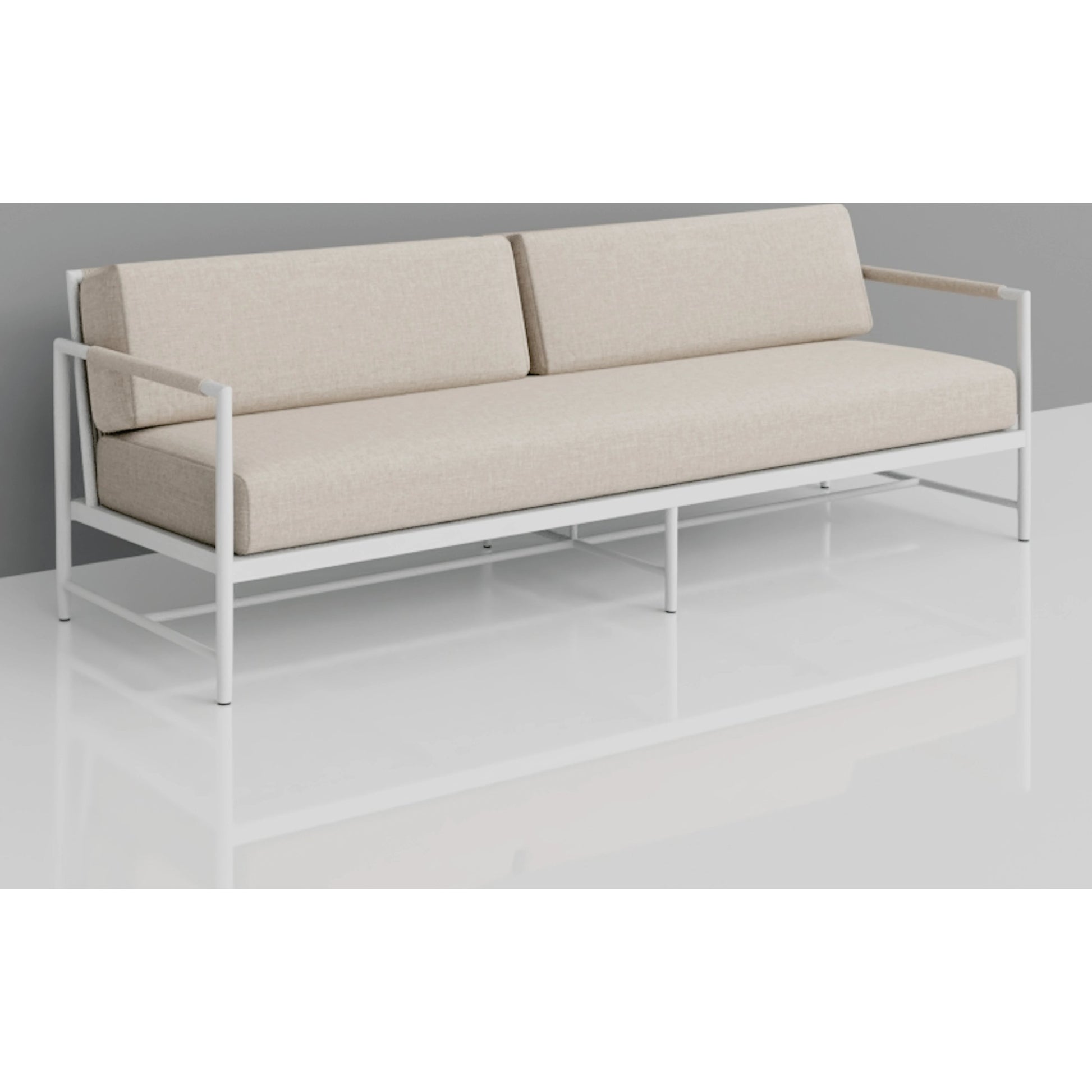Sabbia Outdoor Sofa by Sunset West in white. Made from olefin rope in a coastal style.