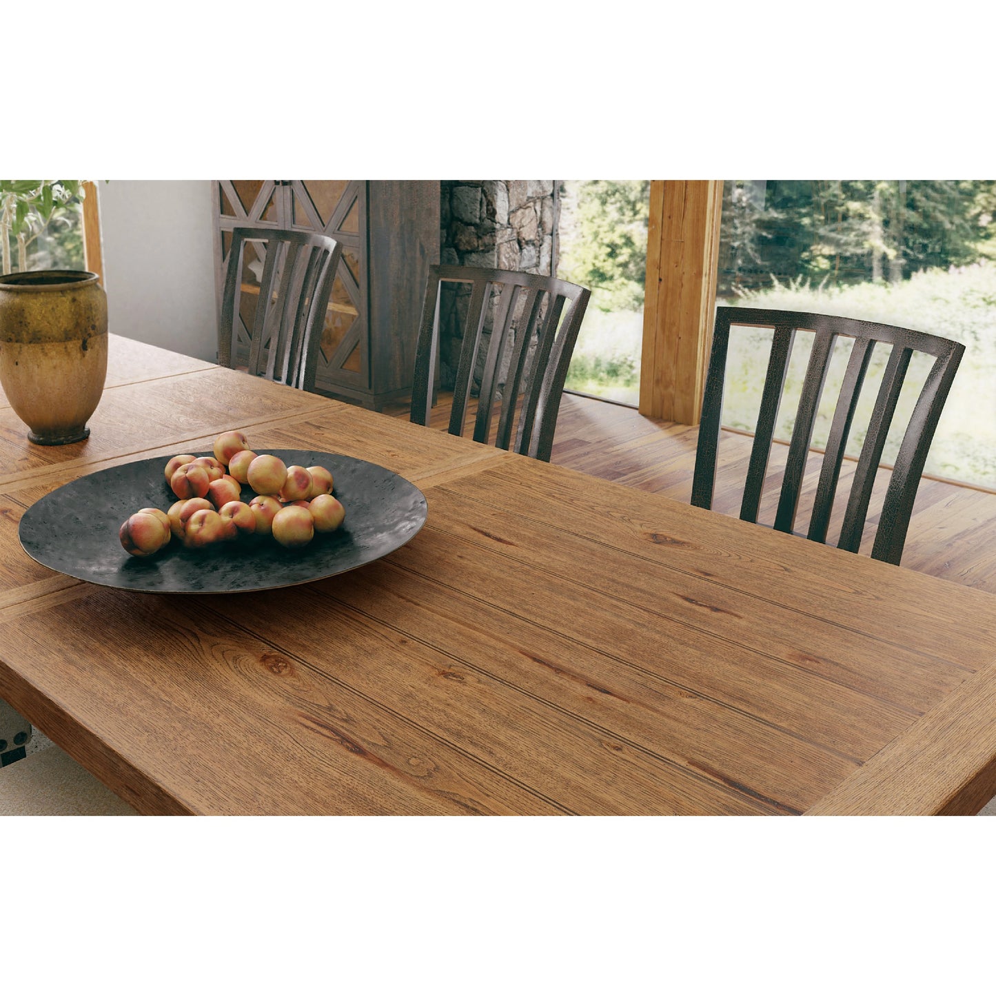 001 SI-1959537 | Lifestyle | Big Sky Trestle Dining Table by Hooker Furniture in vintage natural, charred timber. Made from pecky hickory veneers, solid-wood edged top in a modern style.