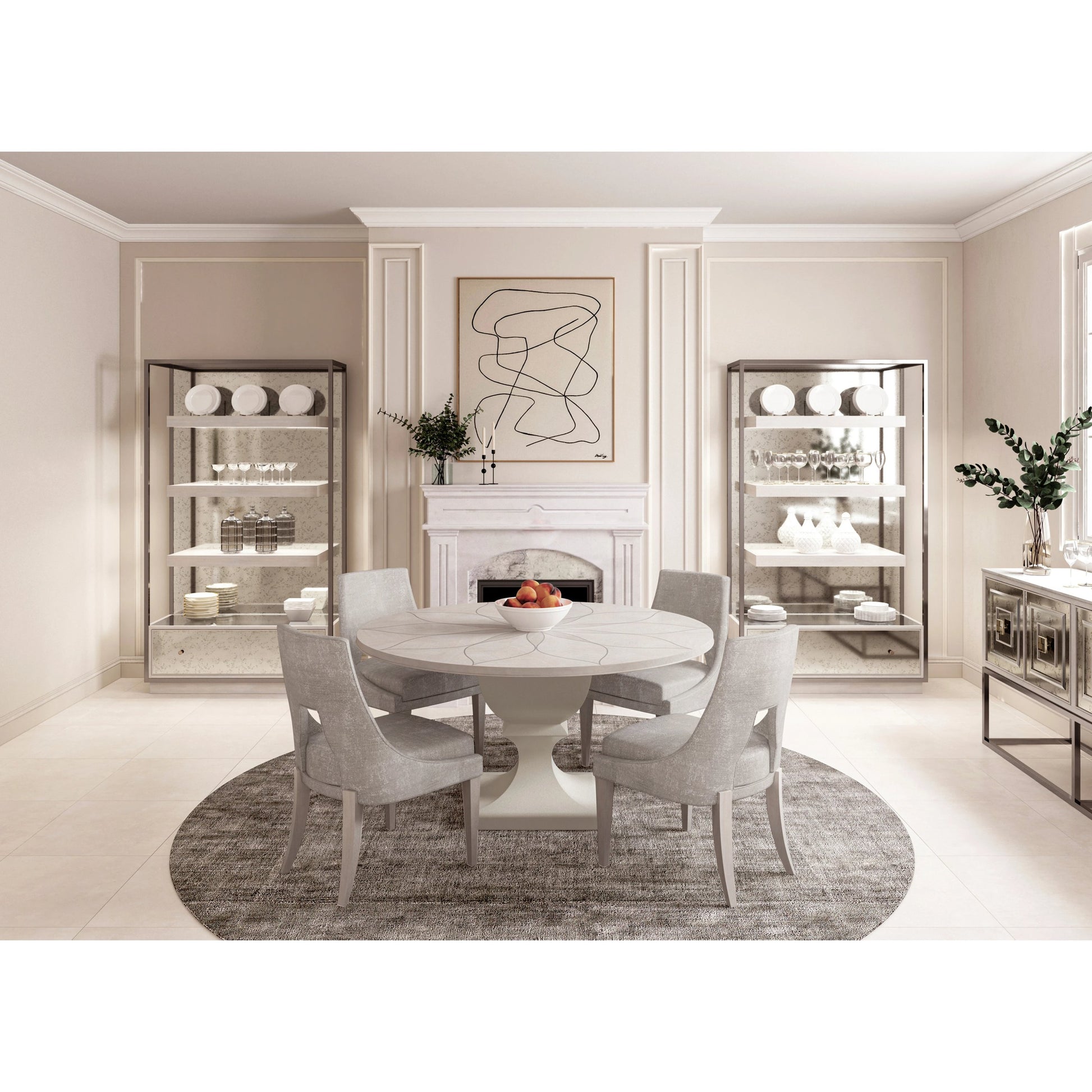 Mezzanine Etagere by A.R.T. Furniture in dove gray. Made from parawood, poplar solids, maple veneer, mirror, steel in a modern style.