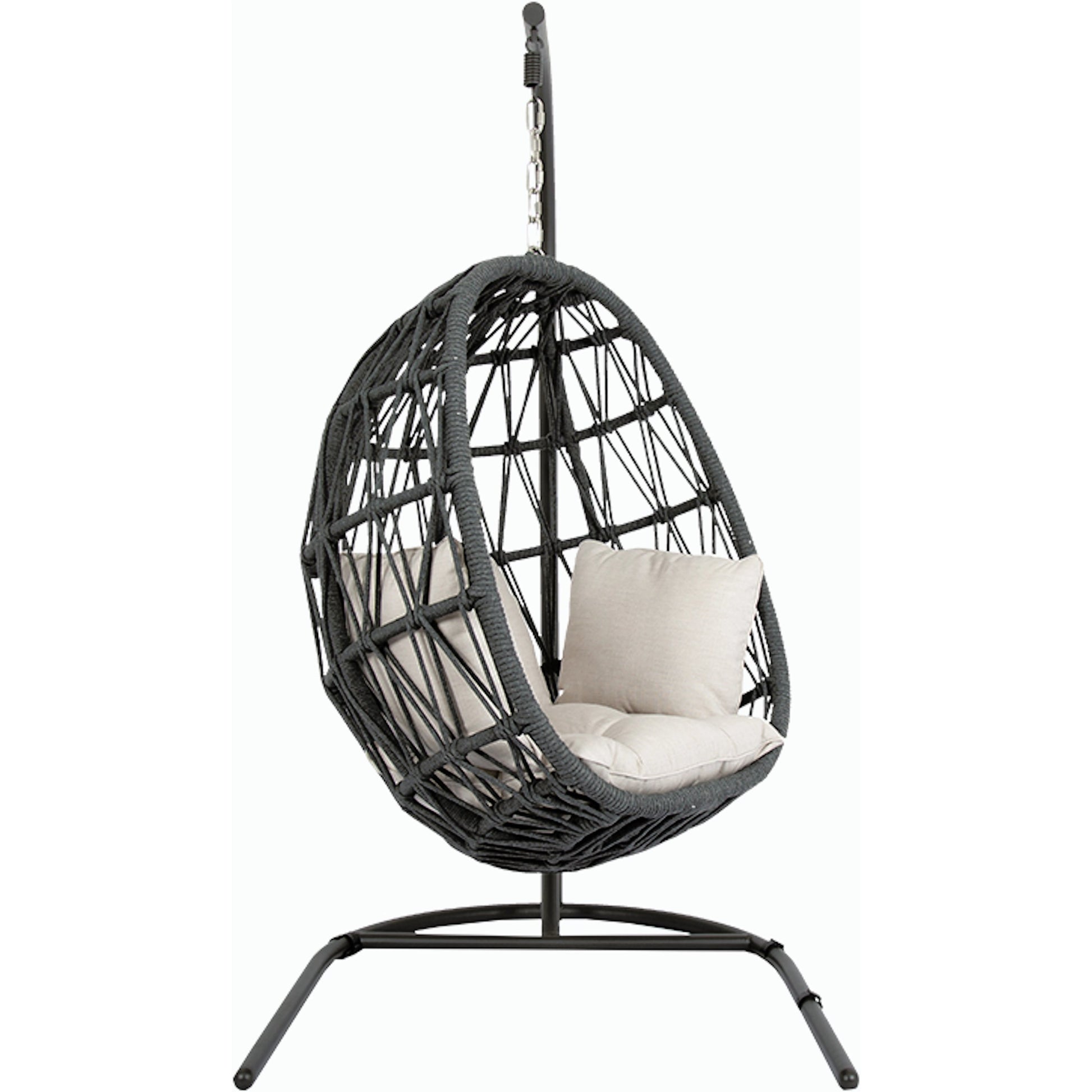 Milano Outdoor Hanging Chair by Sunset West in slate. Made from olefin rope in a coastal style.