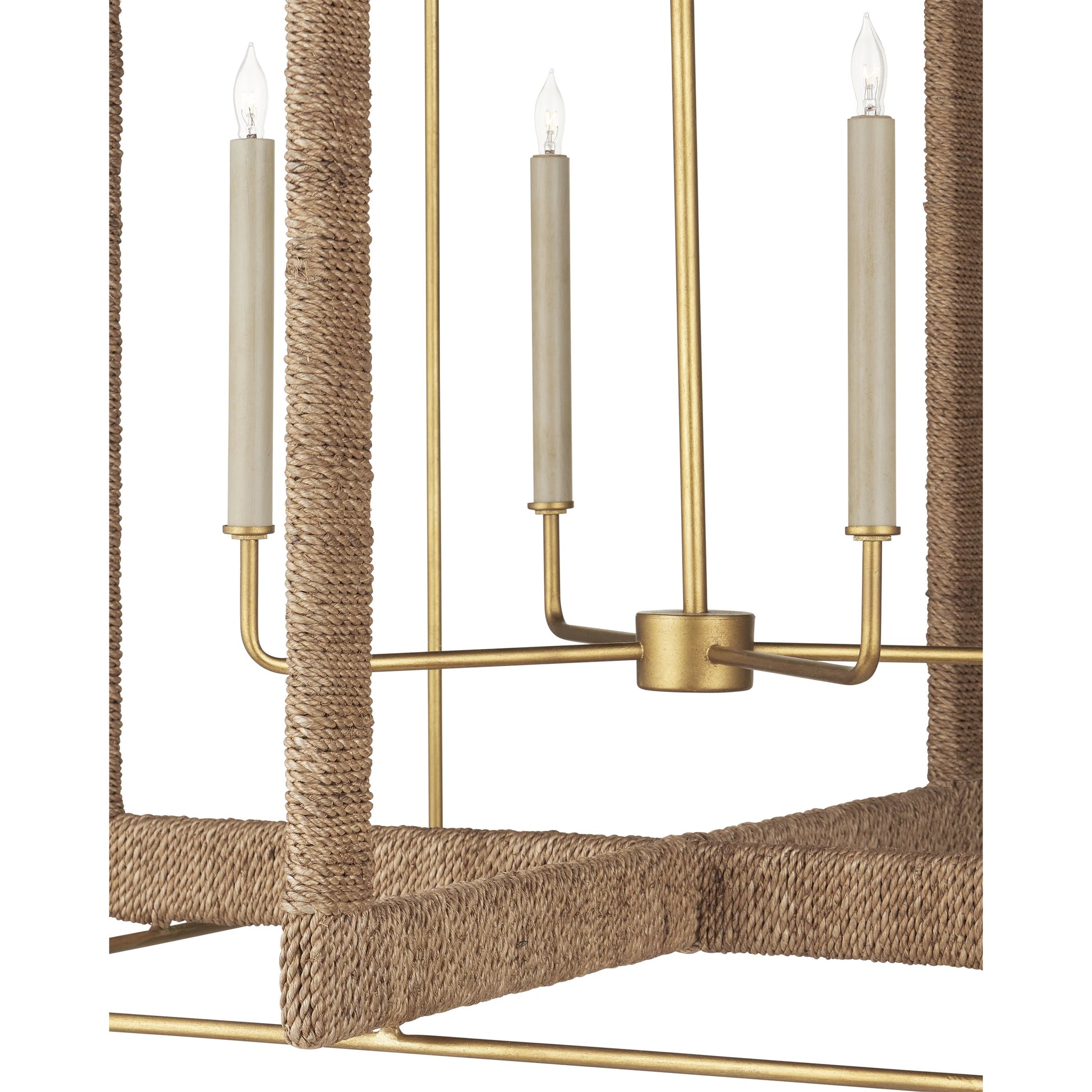 Purebred Chandelier by Currey and Company in contemporary gold leaf, natural abaca. Made from wrought iron, rope in a modern style.