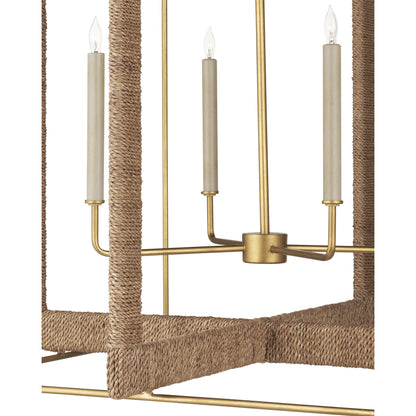 Purebred Chandelier by Currey and Company in contemporary gold leaf, natural abaca. Made from wrought iron, rope in a modern style.