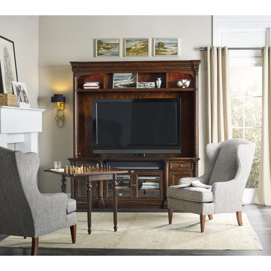 Leesburg Entertainment Console by Hooker Furniture in mahogany. Made from mahogany veneers in a unique style.
