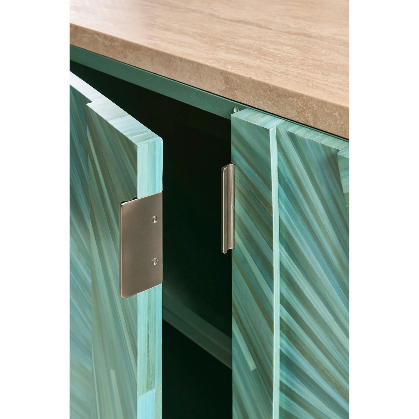 007 SI-2252659 | Closeup | Seaglass Entertainment Console by Jonathan Charles in blue and blue straw. Made from straw, marble, stainless steel, koto veneer in a eclectic & global style.