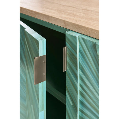 Seaglass Entertainment Console by Jonathan Charles in blue and blue straw. Made from straw, marble, stainless steel, koto veneer in a eclectic & global style.