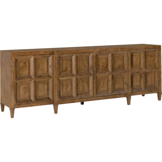 Melange Nikos Credenza by Hooker Furniture in medium wood and rich golden brown, oak veneers, bronze metal. Made from oak solids, oak veneers in a unique style.