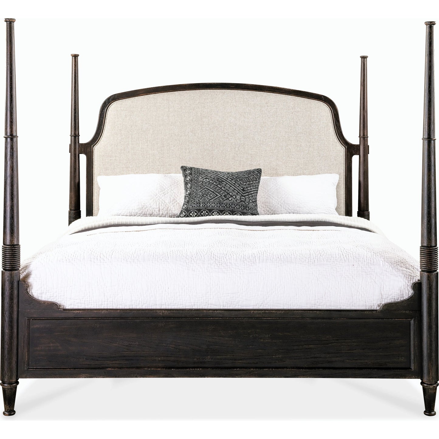 005 SI-2185822 | Additional Silo | Americana King Upholstered Poster Bed by Hooker Furniture in beige. Made from oak veneers and fabric in a modern style.
