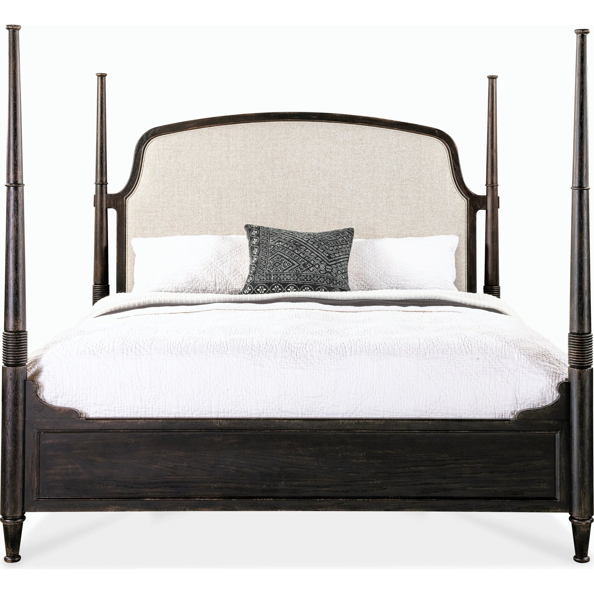 Americana California King Upholstered Poster Bed by Hooker Furniture in beige and worn white. Made from oak veneers and fabric in a traditional style.