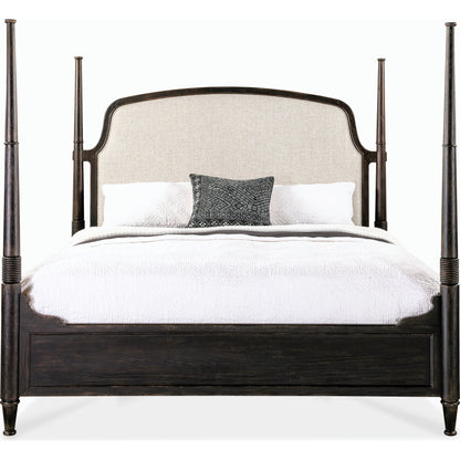 Americana California King Upholstered Poster Bed by Hooker Furniture in beige and worn white. Made from oak veneers and fabric in a traditional style.