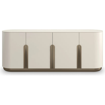 Tangier Sideboard by Caracole in burnished adobe, lucent bronze metallic paint. Made from asian hardwood, birch in a transitional style.